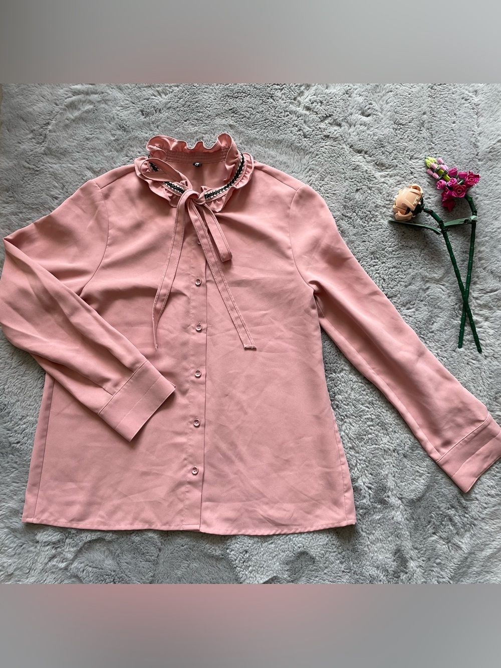 Pink Ruffled Tie-Neck Women's Blouse
